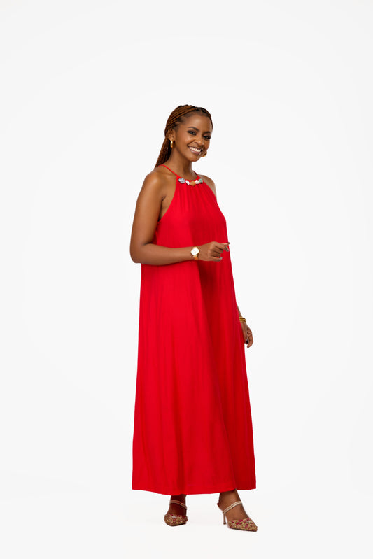 VERO MODA Red Stone Embellished Halter Maxi Dress