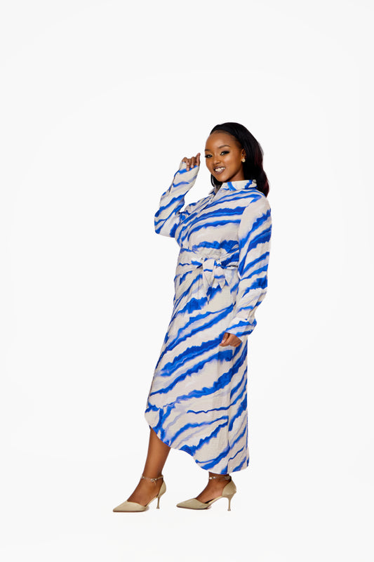 VILA Cobalt Wave Print Tie-Waist Shirt Dress