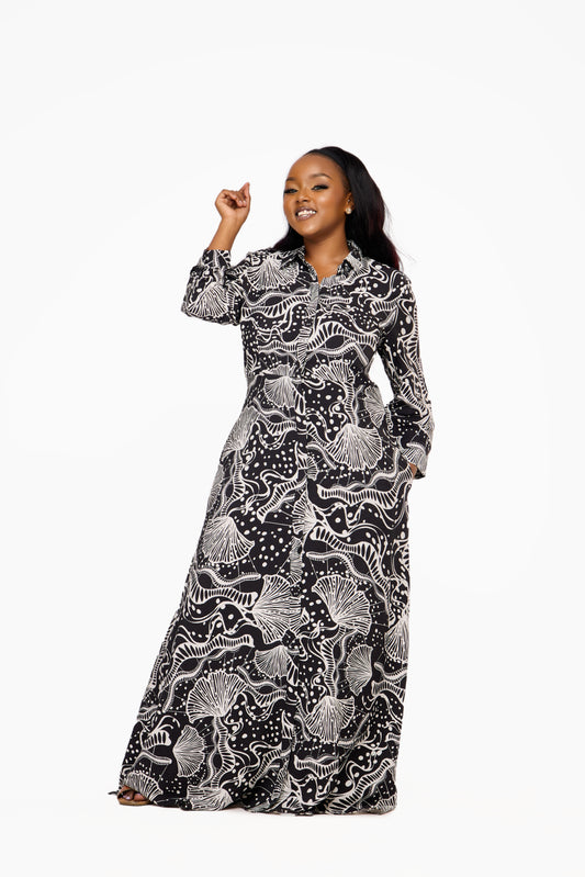 .OBJECT Abstract Wave Print Maxi Shirt Dress