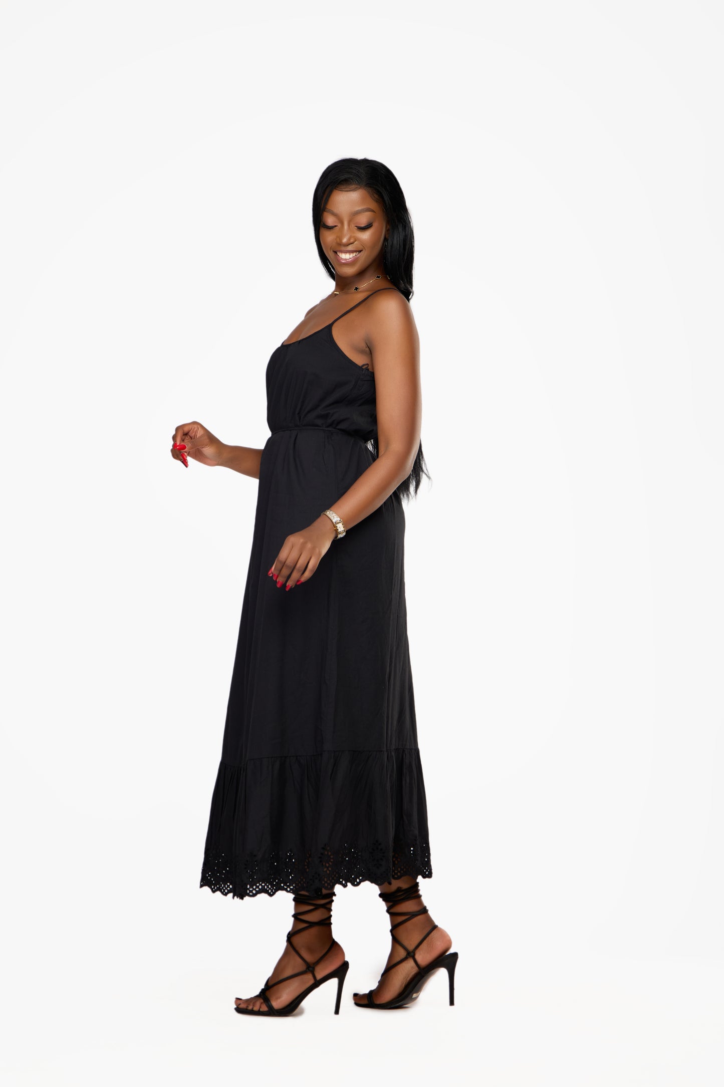ONLY Embroidered Print Tie-Waist Maxi Dress (Black)