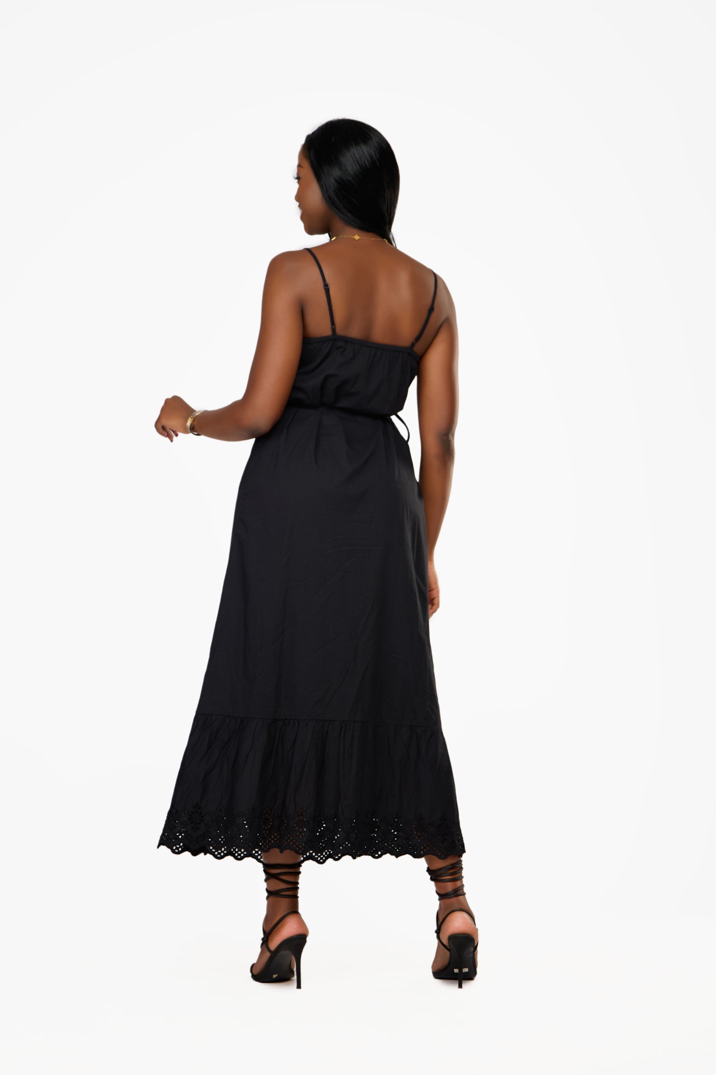 ONLY Embroidered Print Tie-Waist Maxi Dress (Black)