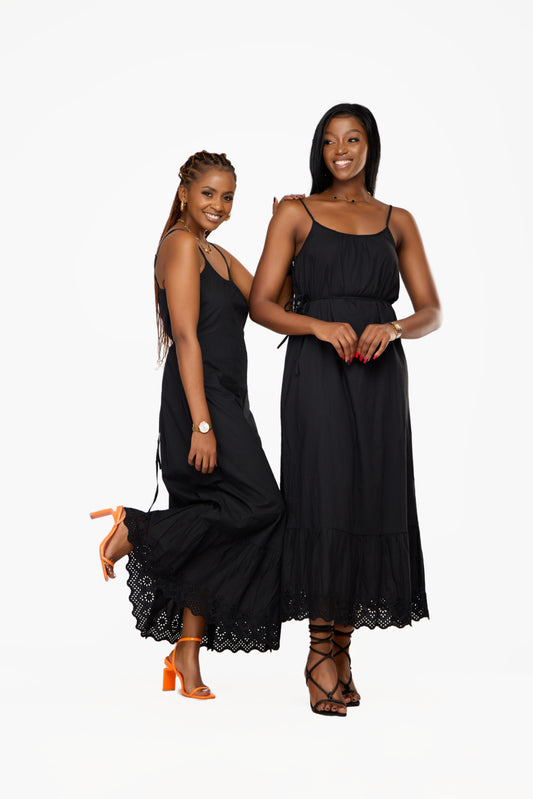 ONLY Embroidered Print Tie-Waist Maxi Dress (Black)