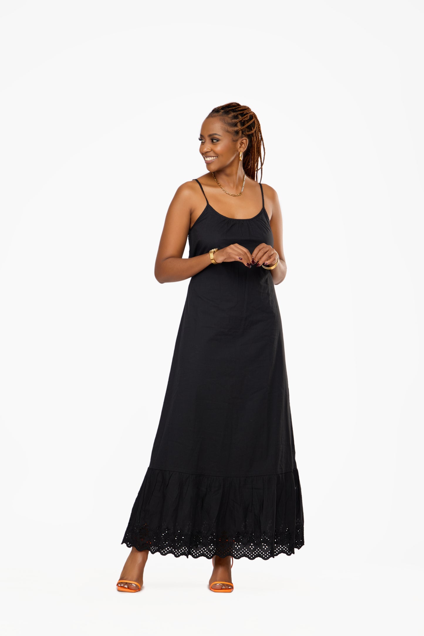 ONLY Embroidered Print Tie-Waist Maxi Dress (Black)