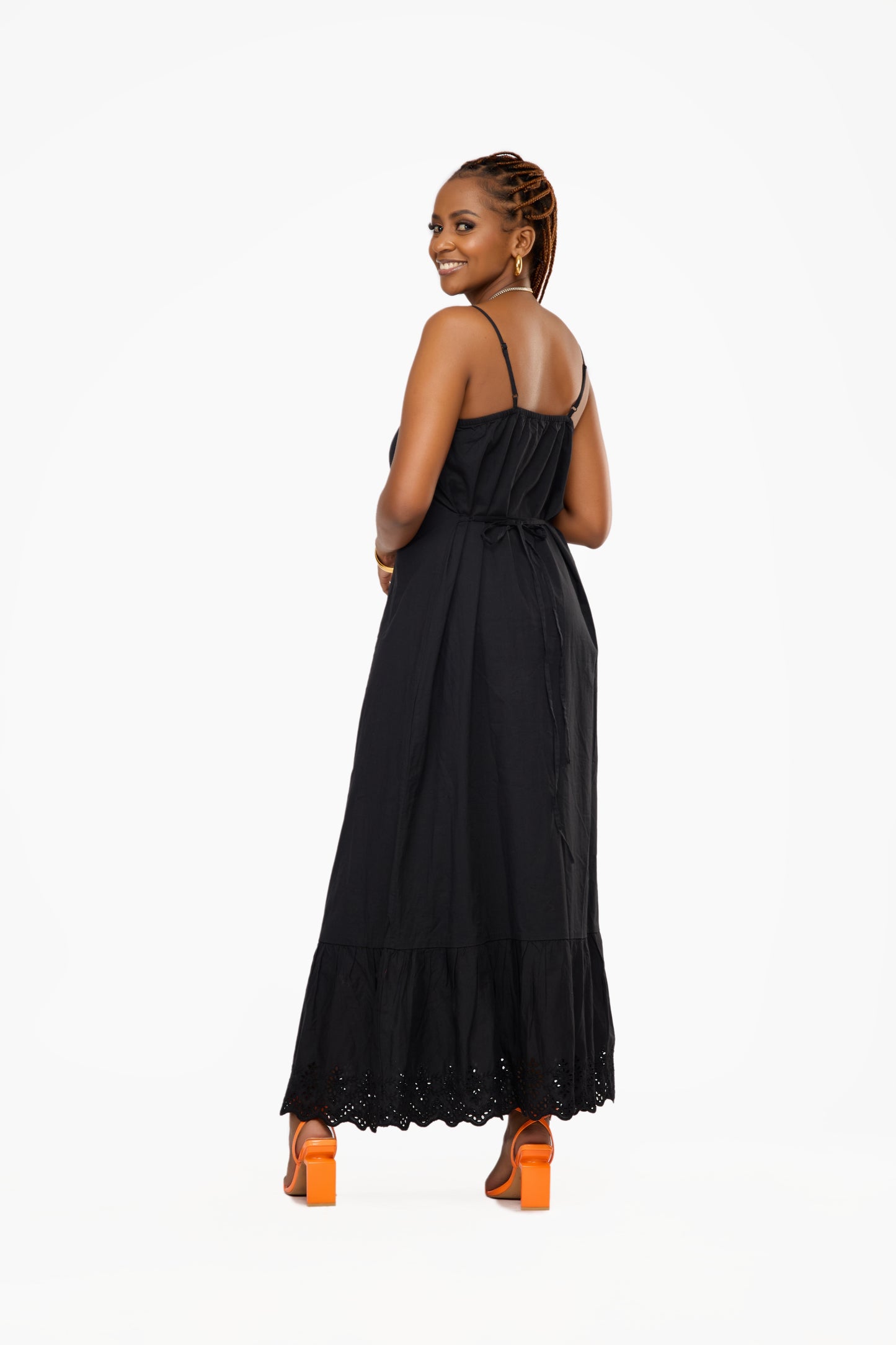 ONLY Embroidered Print Tie-Waist Maxi Dress (Black)