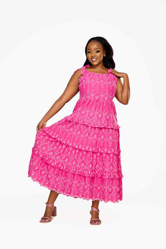YAS Vibrant Pink Embroidered Tiered Sundress