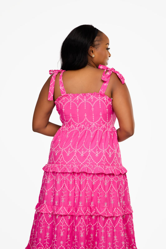 YAS Vibrant Pink Embroidered Tiered Sundress