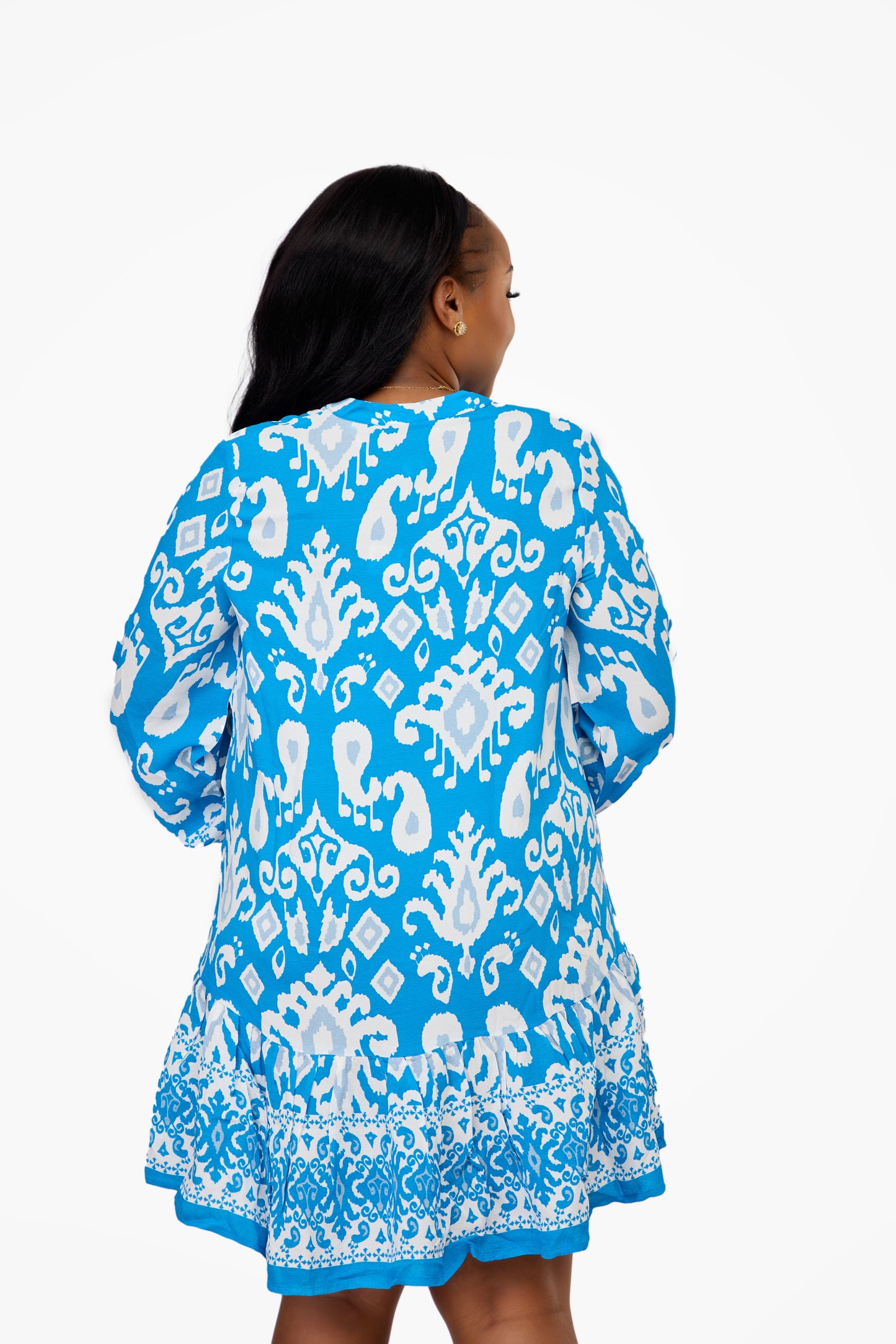 VERO MODA Bold Print Split-Neck Tunic Dress (Blue)