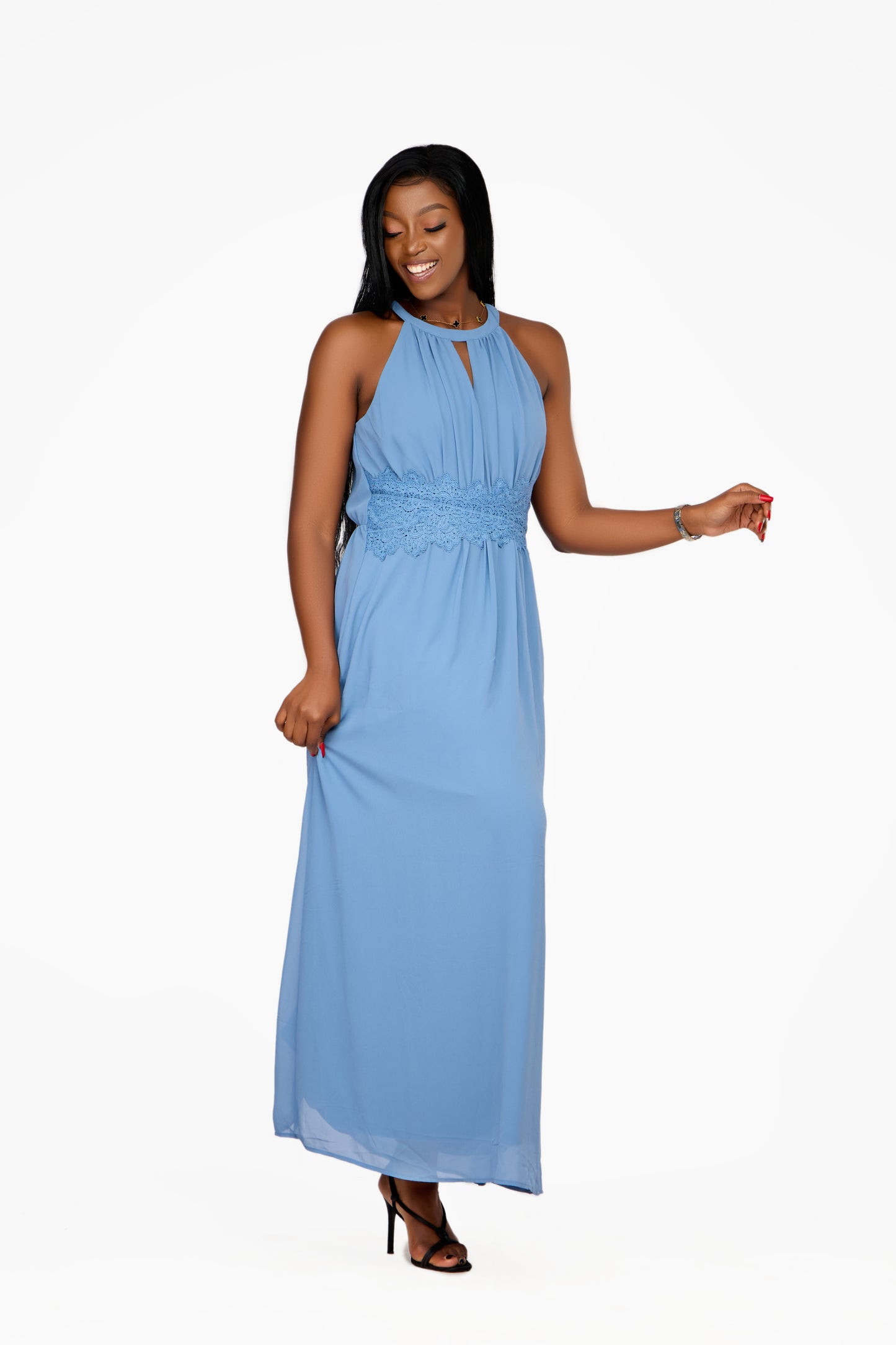 VILA Halter Neck Maxi Dress with Lace Waist Detail