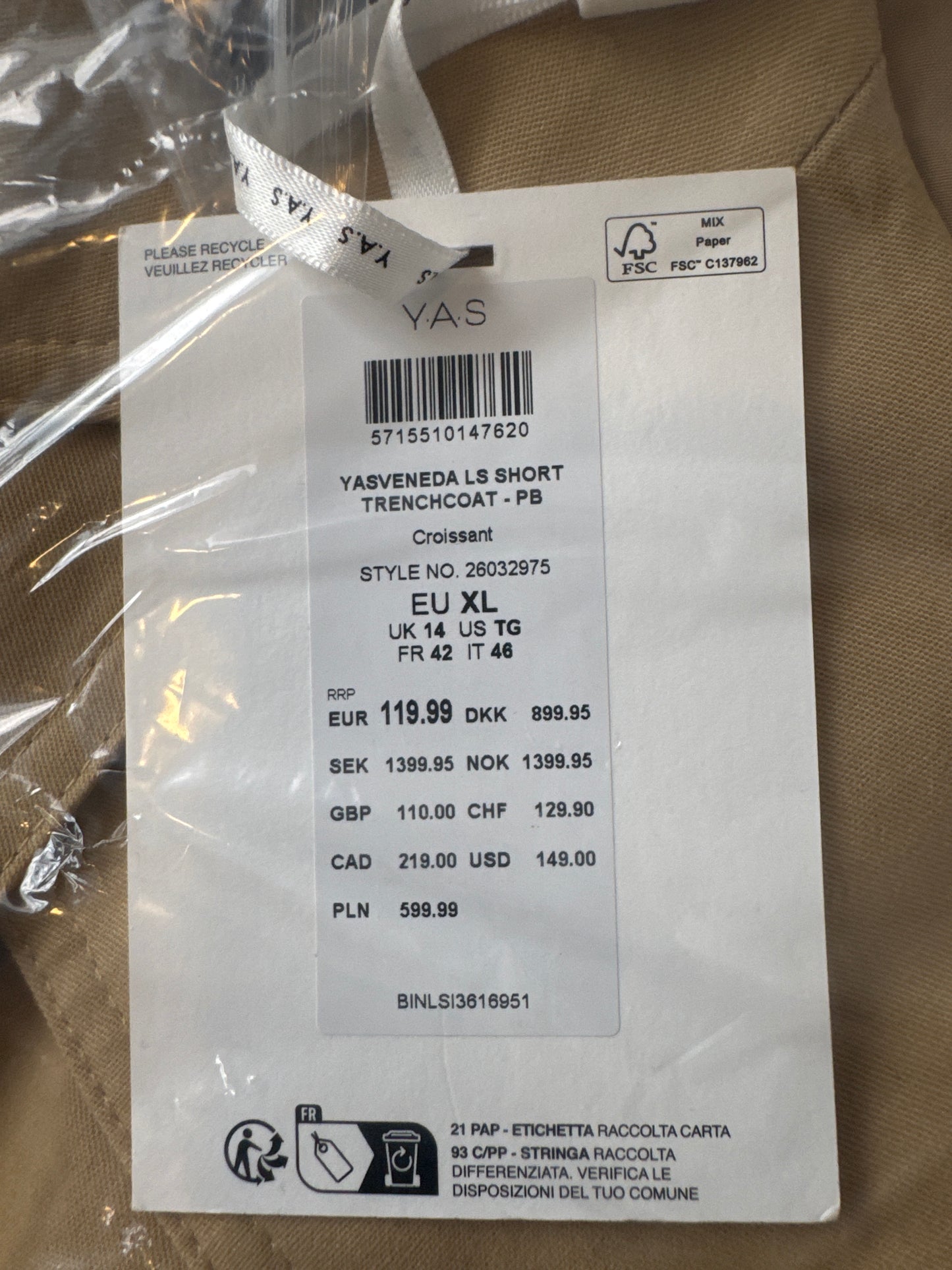 YAS Cropped Double-Breasted Khaki Trench Jacket