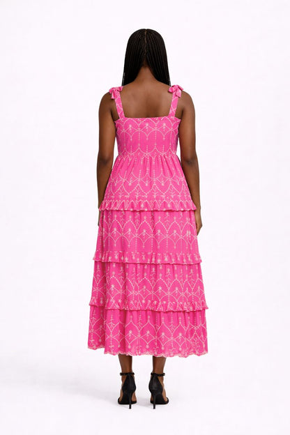 YAS Vibrant Pink Embroidered Tiered Sundress