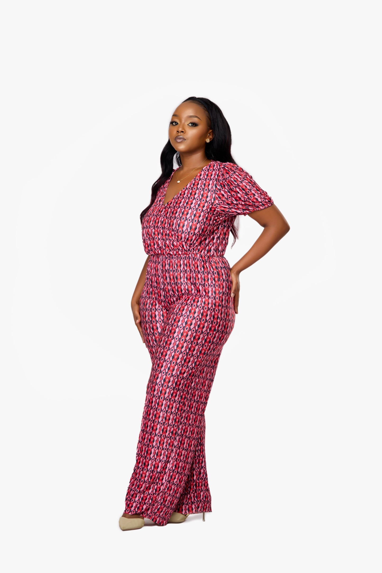 VILA Geometric Print Puff Sleeve Jumpsuit