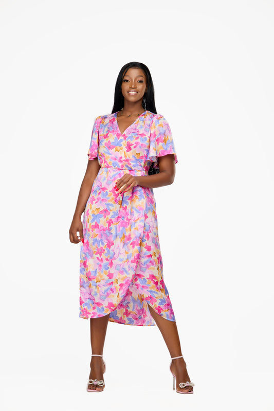 VILA Floral Flutter Sleeve Wrap Midi Dress