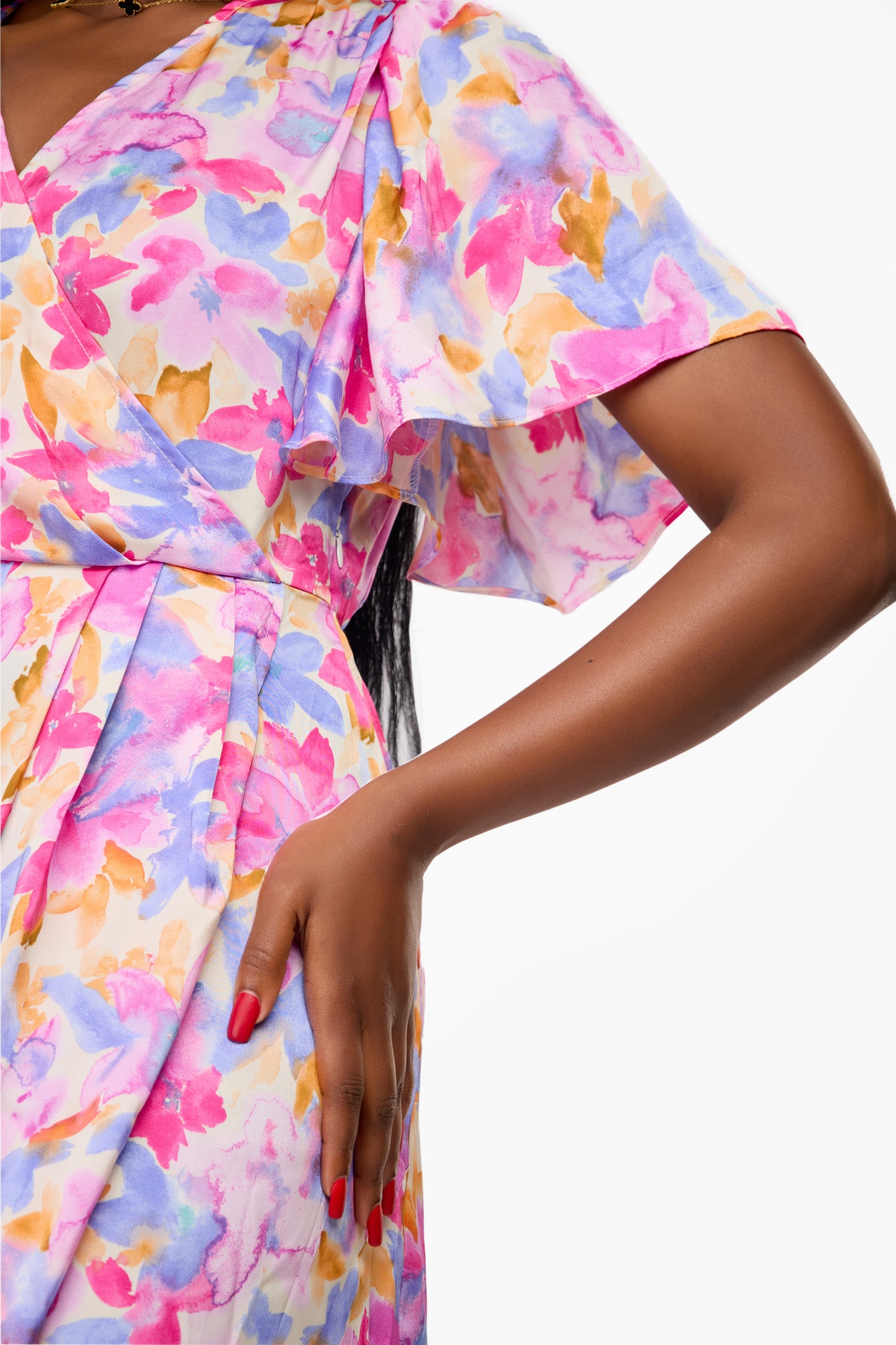 VILA Floral Flutter Sleeve Wrap Midi Dress