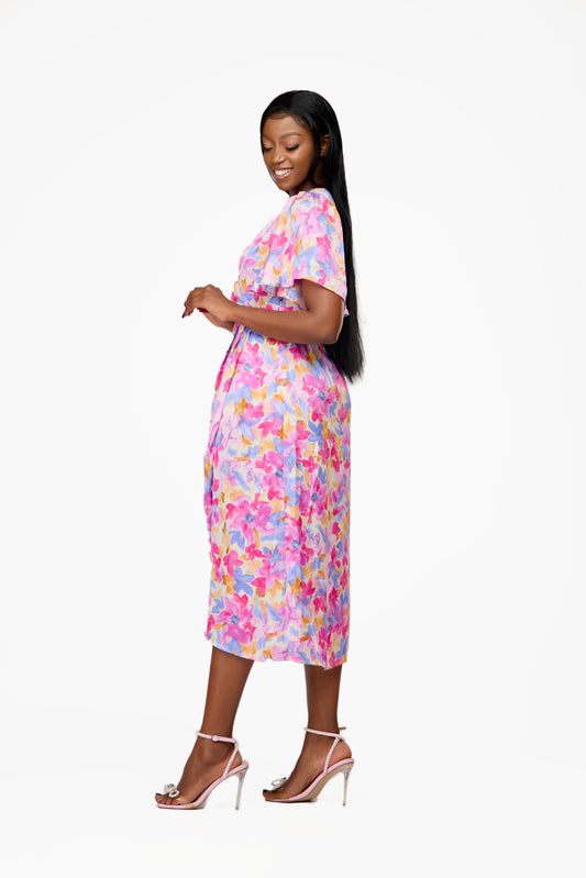 VILA Floral Flutter Sleeve Wrap Midi Dress