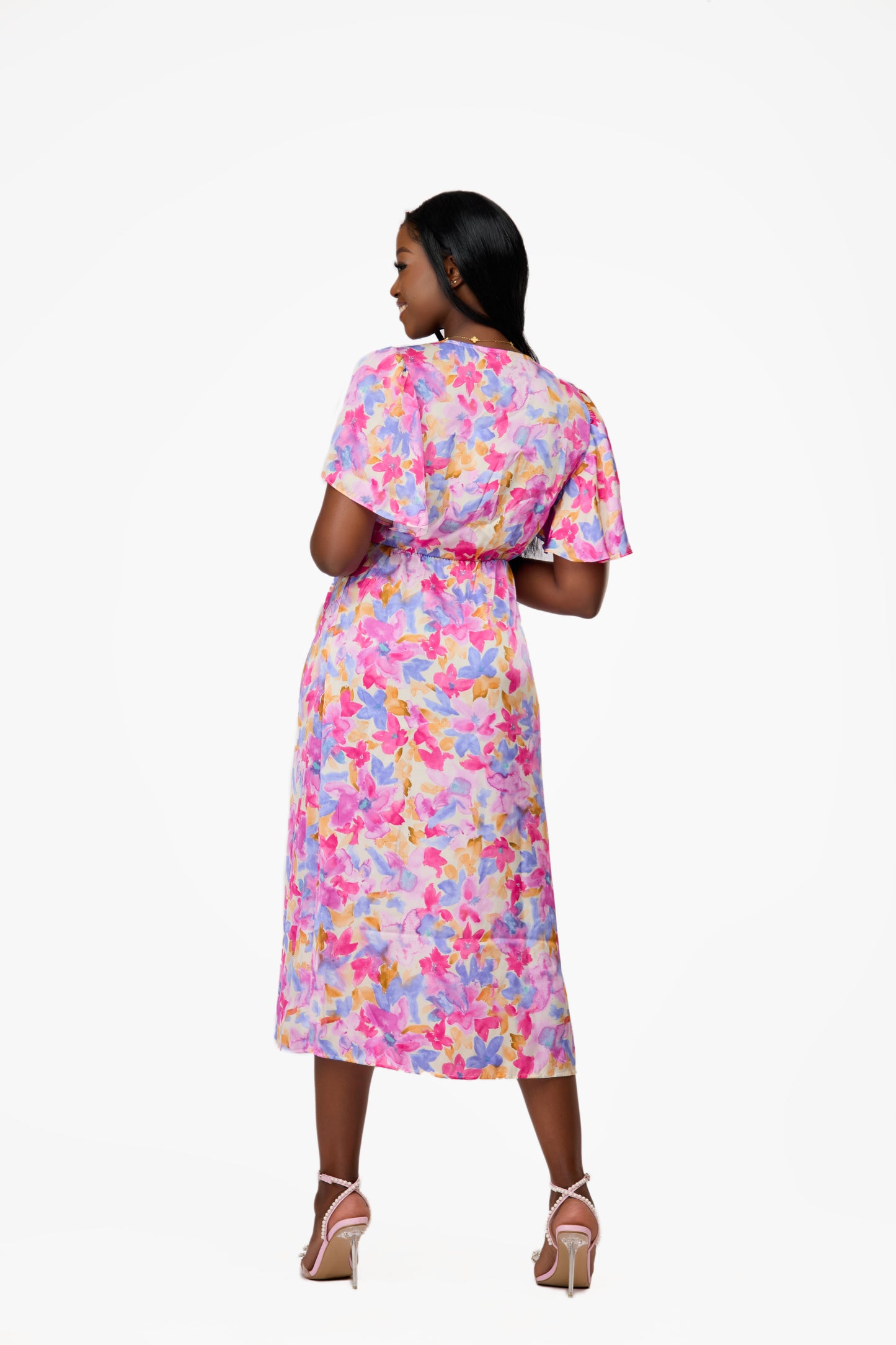 VILA Floral Flutter Sleeve Wrap Midi Dress