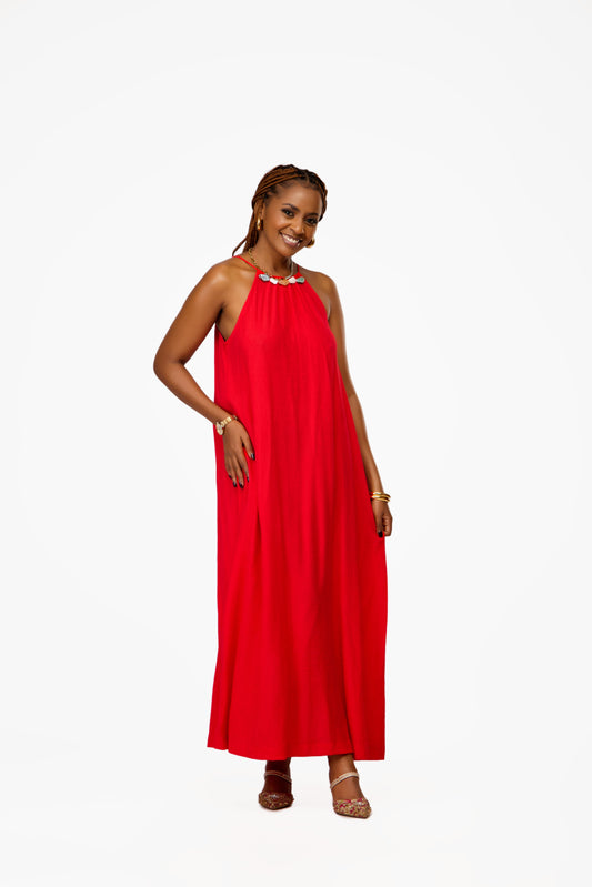 VERO MODA Red Stone Embellished Halter Maxi Dress