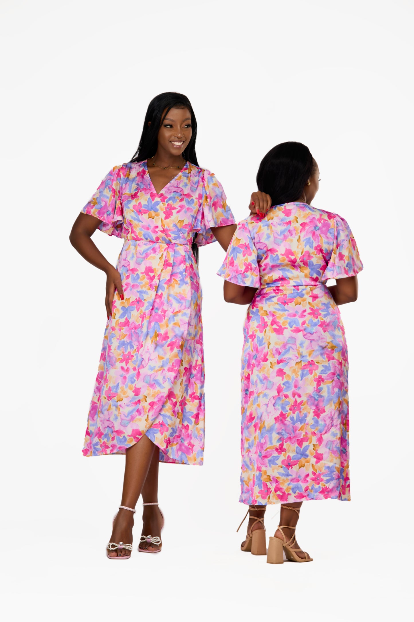 VILA Floral Flutter Sleeve Wrap Midi Dress