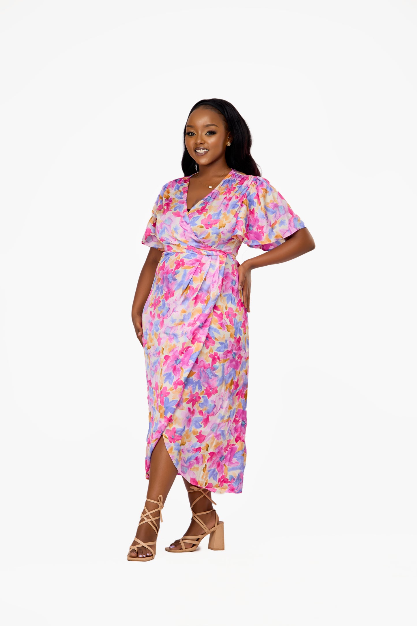 VILA Floral Flutter Sleeve Wrap Midi Dress