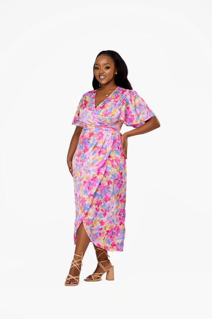 VILA Floral Flutter Sleeve Wrap Midi Dress