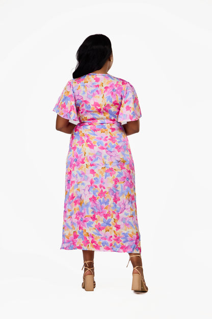 VILA Floral Flutter Sleeve Wrap Midi Dress