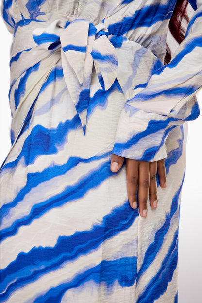VILA Cobalt Wave Print Tie-Waist Shirt Dress