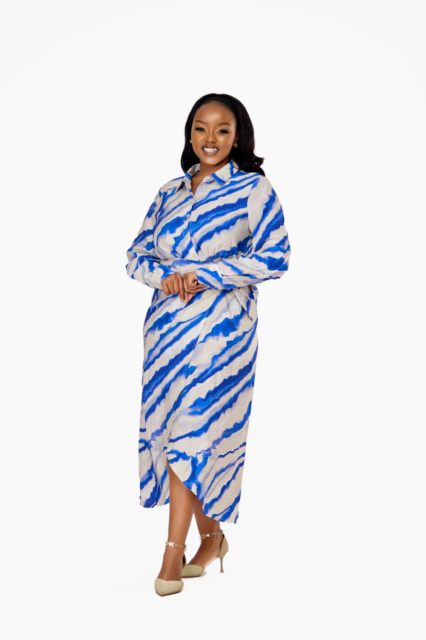VILA Cobalt Wave Print Tie-Waist Shirt Dress