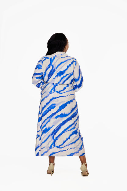 VILA Cobalt Wave Print Tie-Waist Shirt Dress