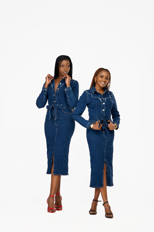 ONLY Long Sleeve Belted Denim Dress