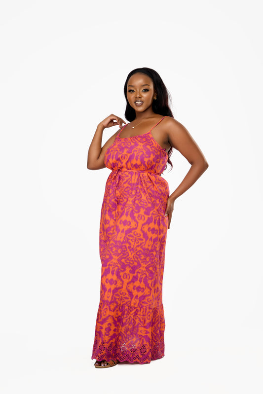 ONLY Embroidered Print Tie-Waist Maxi Dress