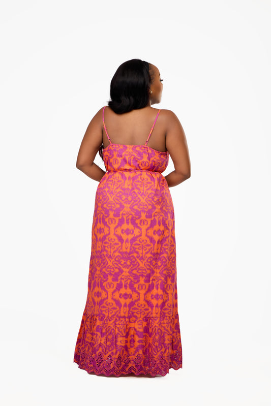 ONLY Embroidered Print Tie-Waist Maxi Dress
