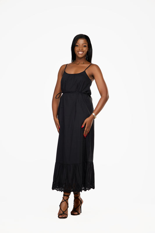 ONLY Embroidered Print Tie-Waist Maxi Dress (Black)