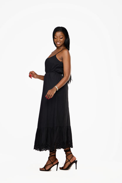 ONLY Embroidered Print Tie-Waist Maxi Dress (Black)
