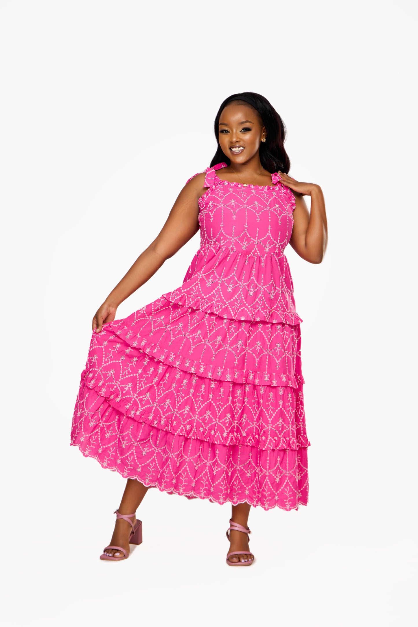 YAS Vibrant Pink Embroidered Tiered Sundress