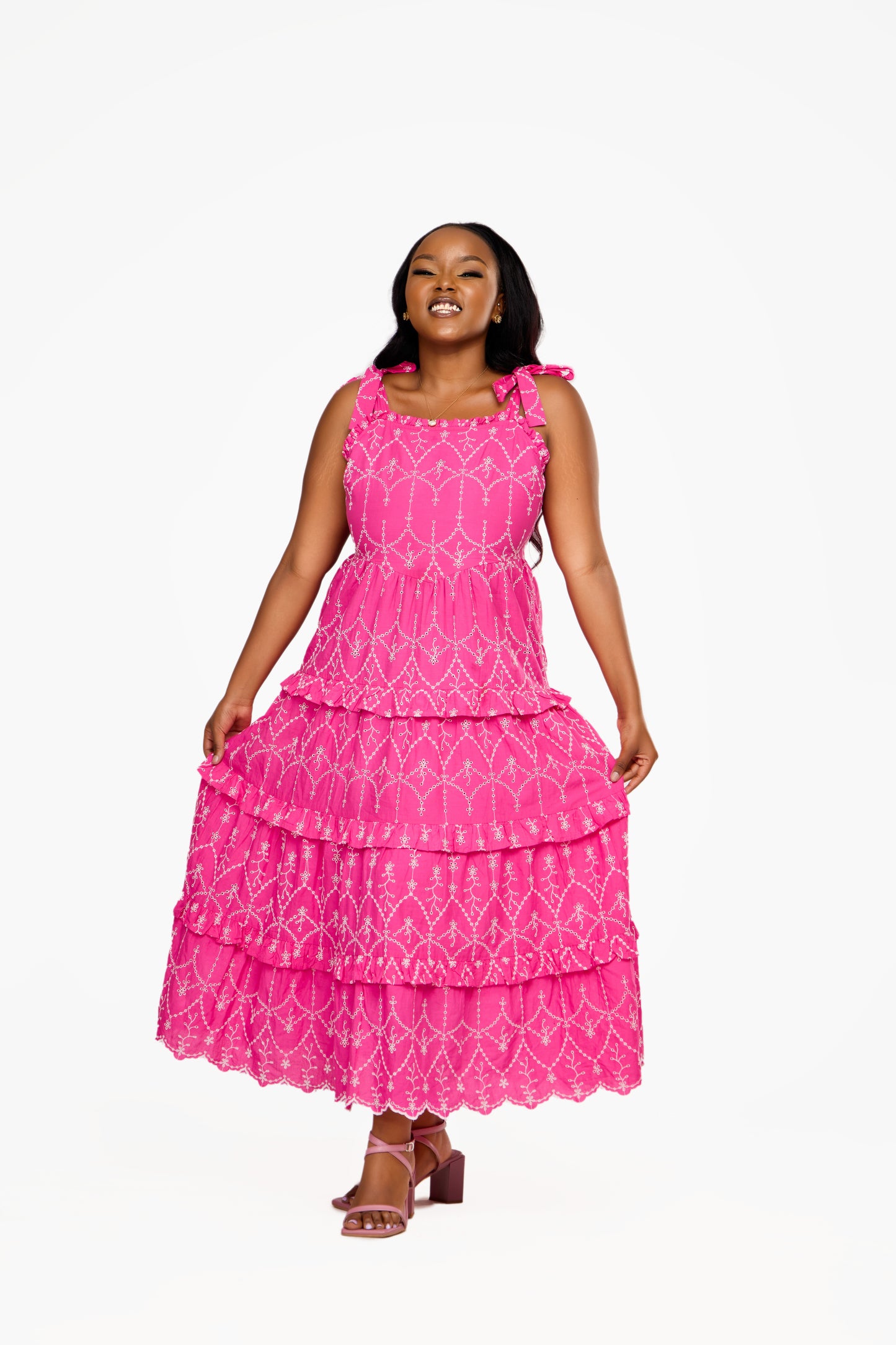 YAS Vibrant Pink Embroidered Tiered Sundress