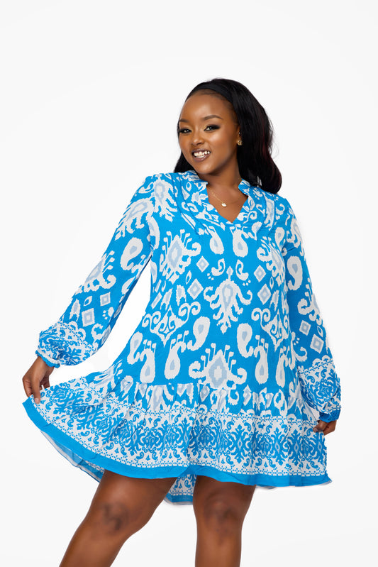 VERO MODA Bold Print Split-Neck Tunic Dress (Blue)