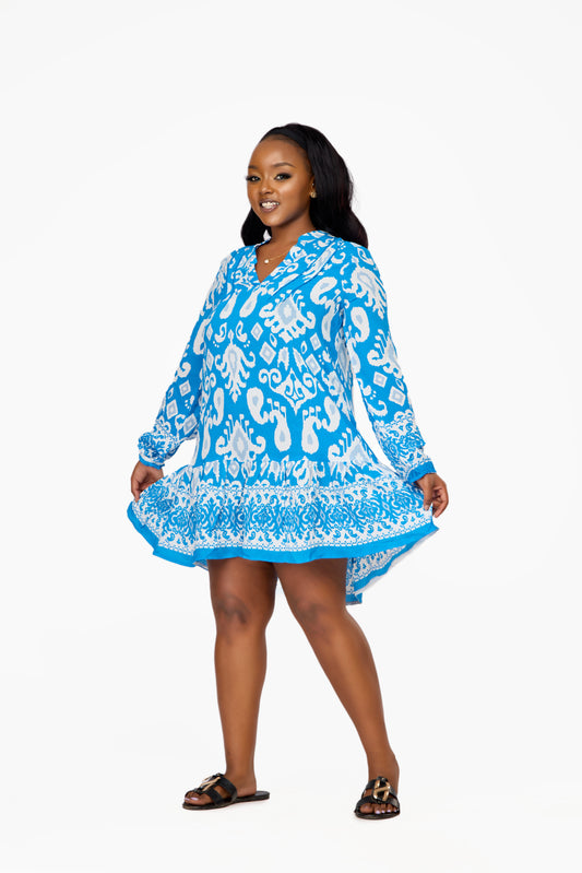 VERO MODA Bold Print Split-Neck Tunic Dress (Blue)