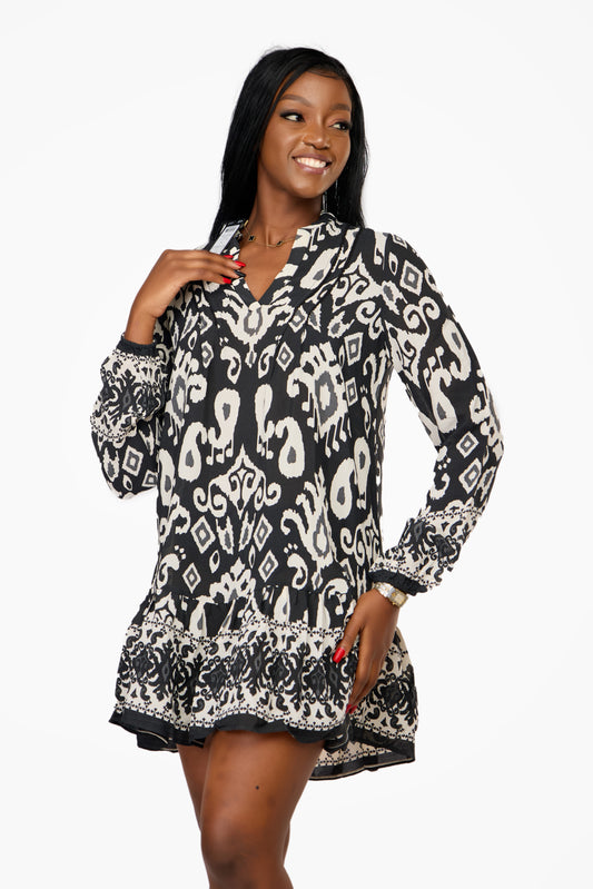 VERO MODA Bold Print Split-Neck Tunic Dress Black