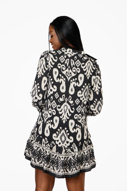 VERO MODA Bold Print Split-Neck Tunic Dress Black