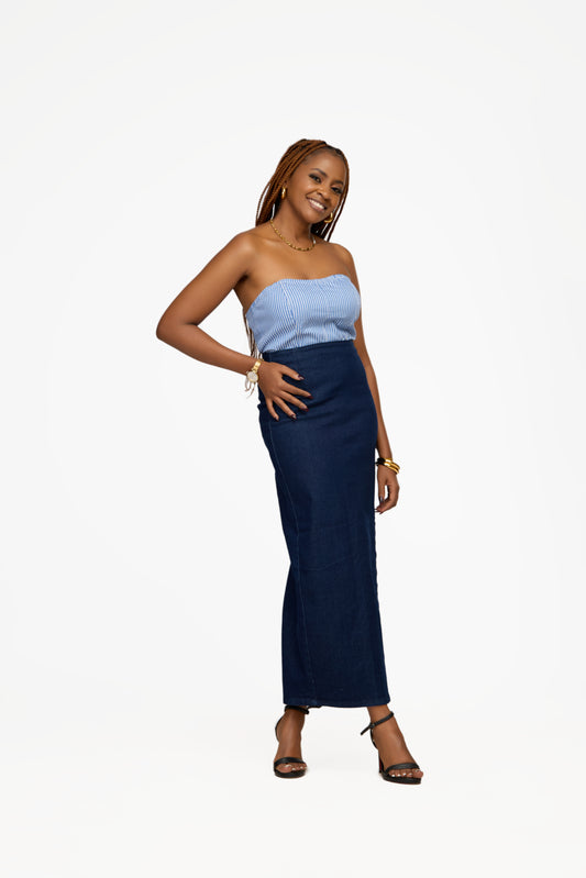 PIECES Chic Blue & White Strapless Bandeau Top