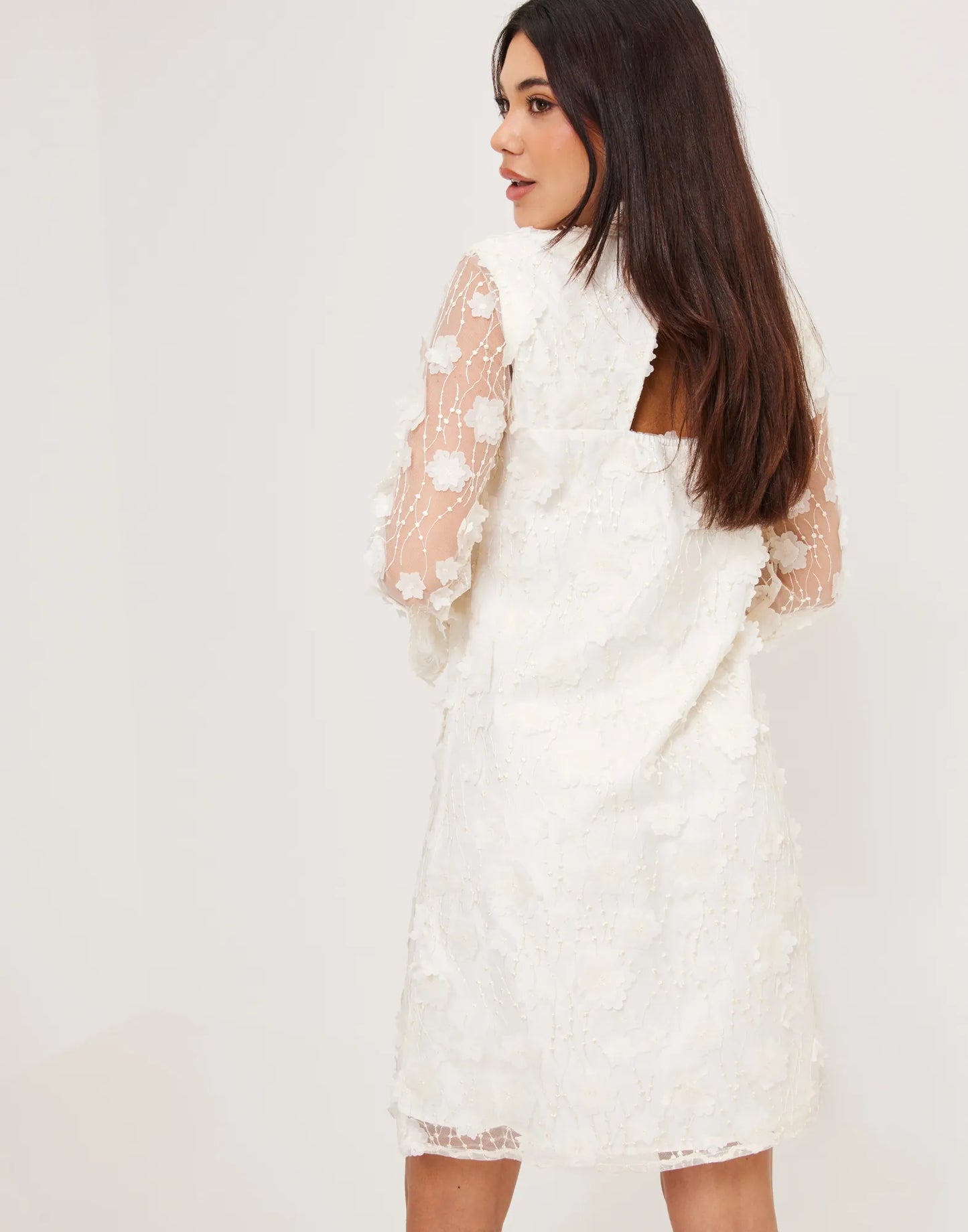YAS Bridal 3D Floral Appliqué Sheer Sleeve Mini Dress