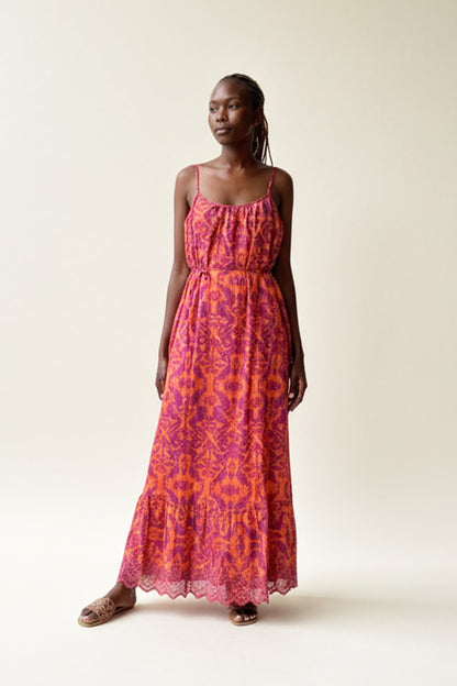 ONLY Embroidered Print Tie-Waist Maxi Dress