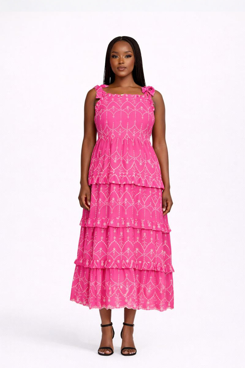 YAS Vibrant Pink Embroidered Tiered Sundress