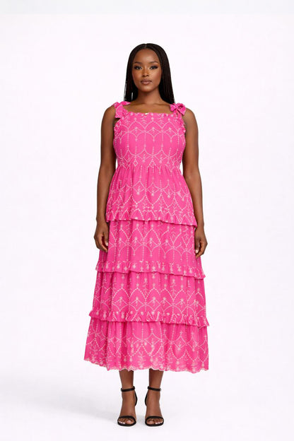 YAS Vibrant Pink Embroidered Tiered Sundress