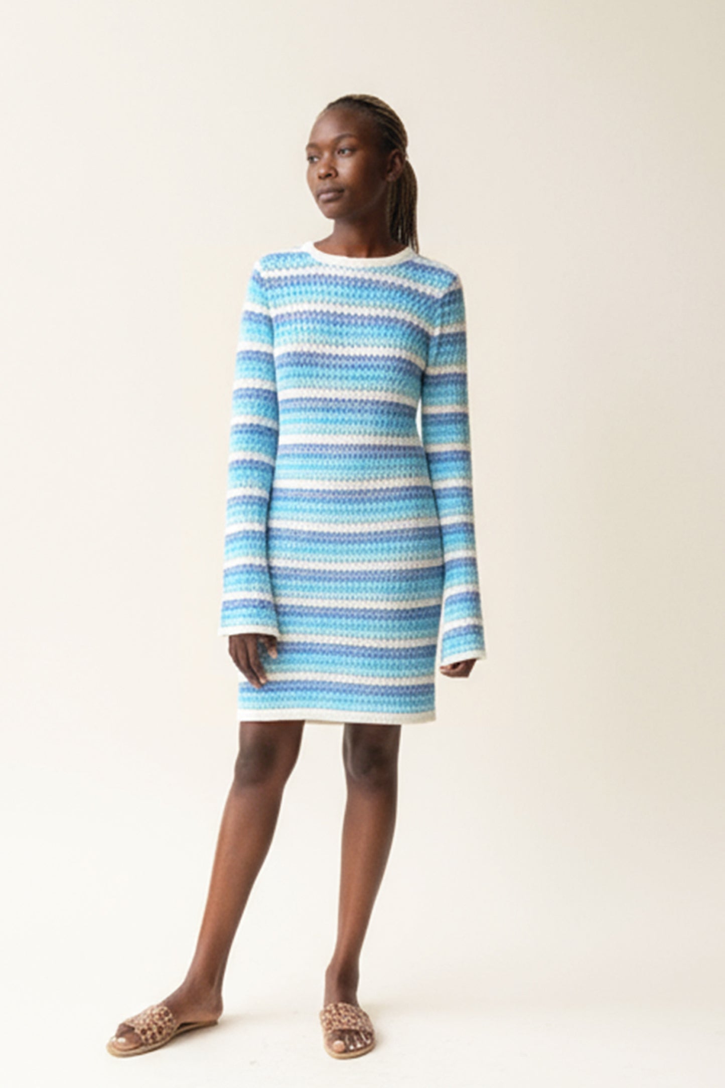 SOMETHINGNEW Rihanna Striped Knit Bell Sleeve Dress