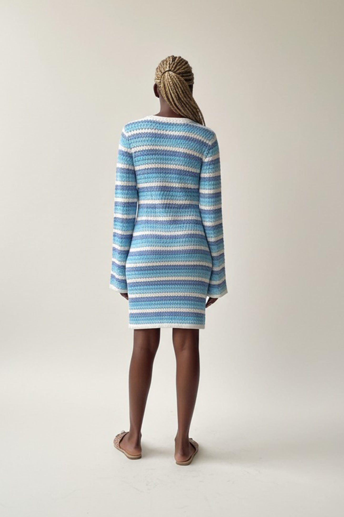 SOMETHINGNEW Rihanna Striped Knit Bell Sleeve Dress